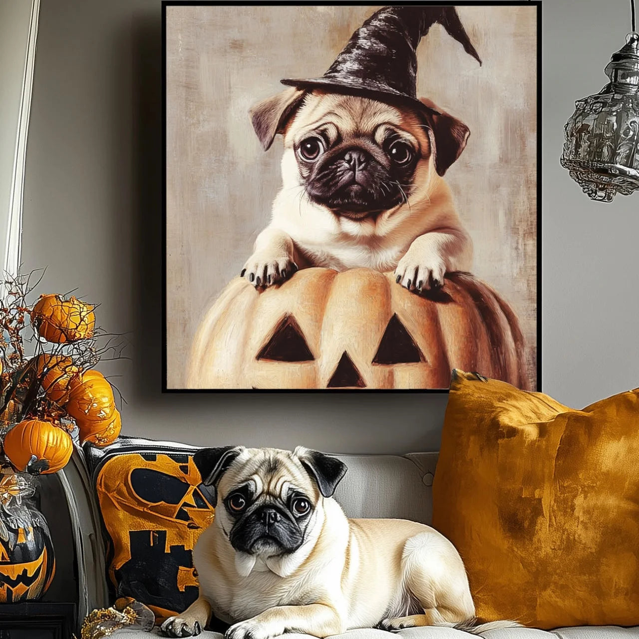 Happy Halloween – 3D Hand-Painted Pet Portrait with Wizard Texture in Art Deco Decor