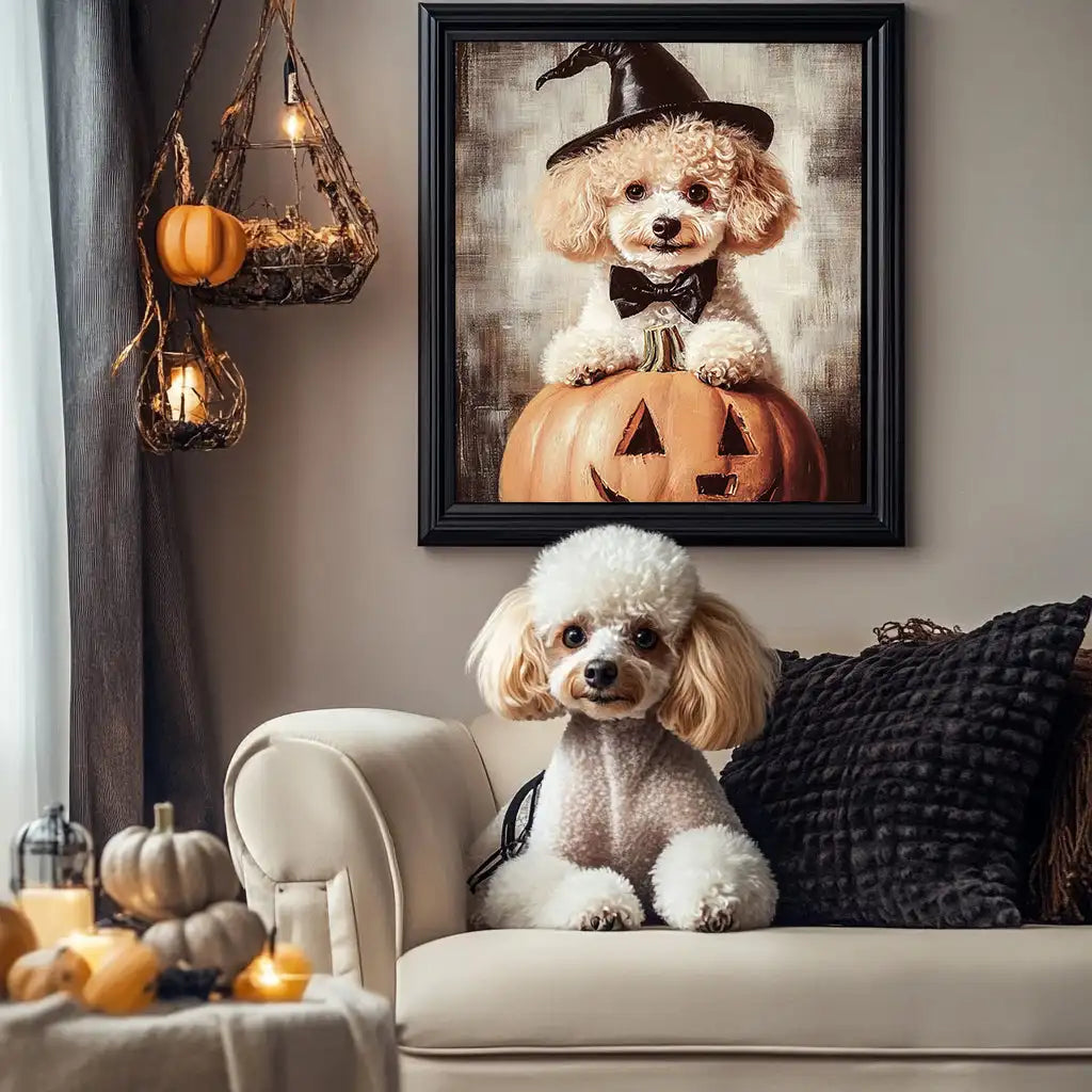 Happy Halloween – 3D Hand-Painted Pet Portrait with Wizard Texture in Art Deco Decor