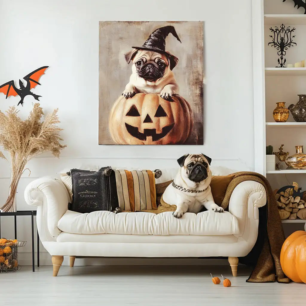 Happy Halloween – 3D Hand-Painted Pet Portrait with Wizard Texture in Art Deco Decor