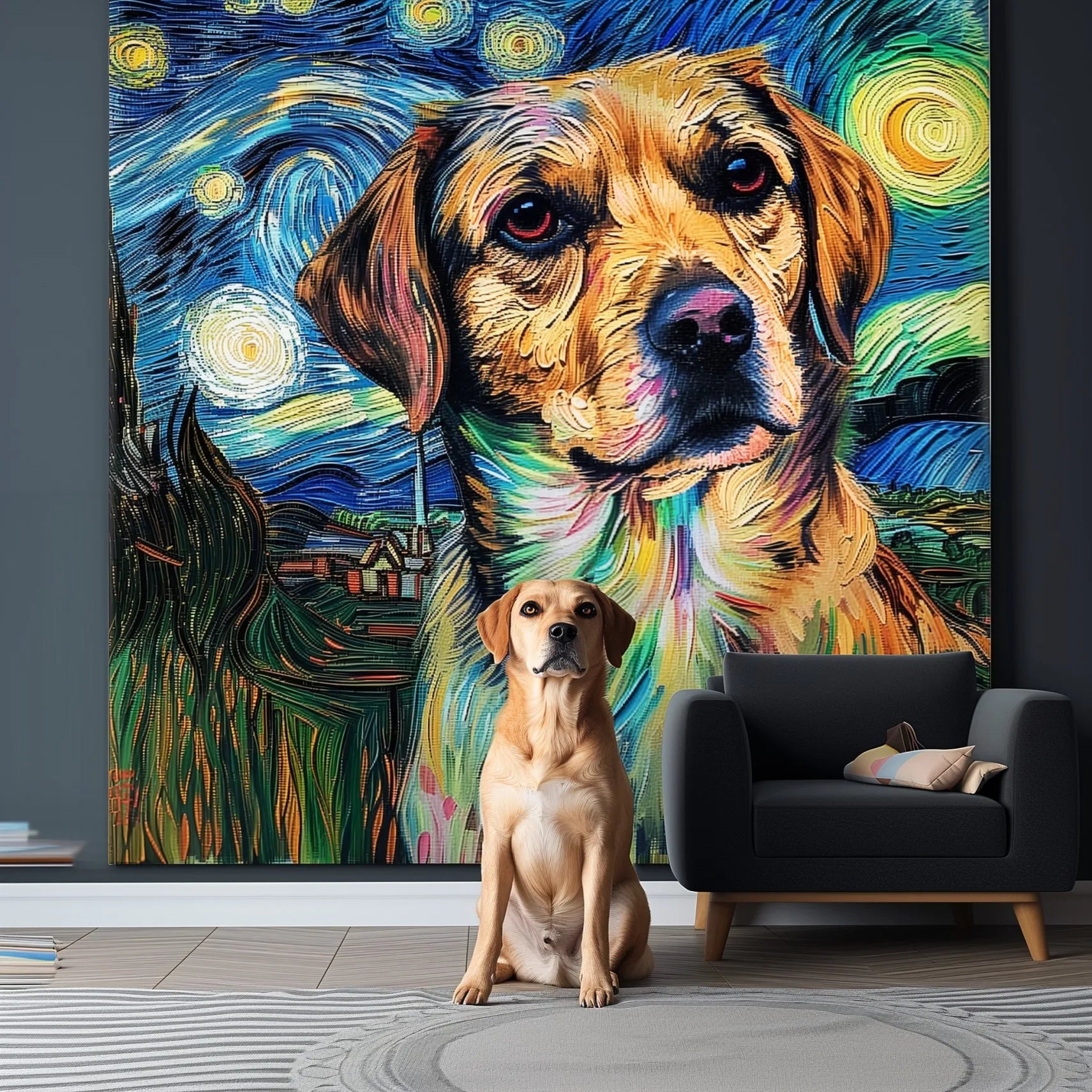 Van Gogh - Starry Night – 3D Hand-Painted Pet Portrait in Art Deco Style